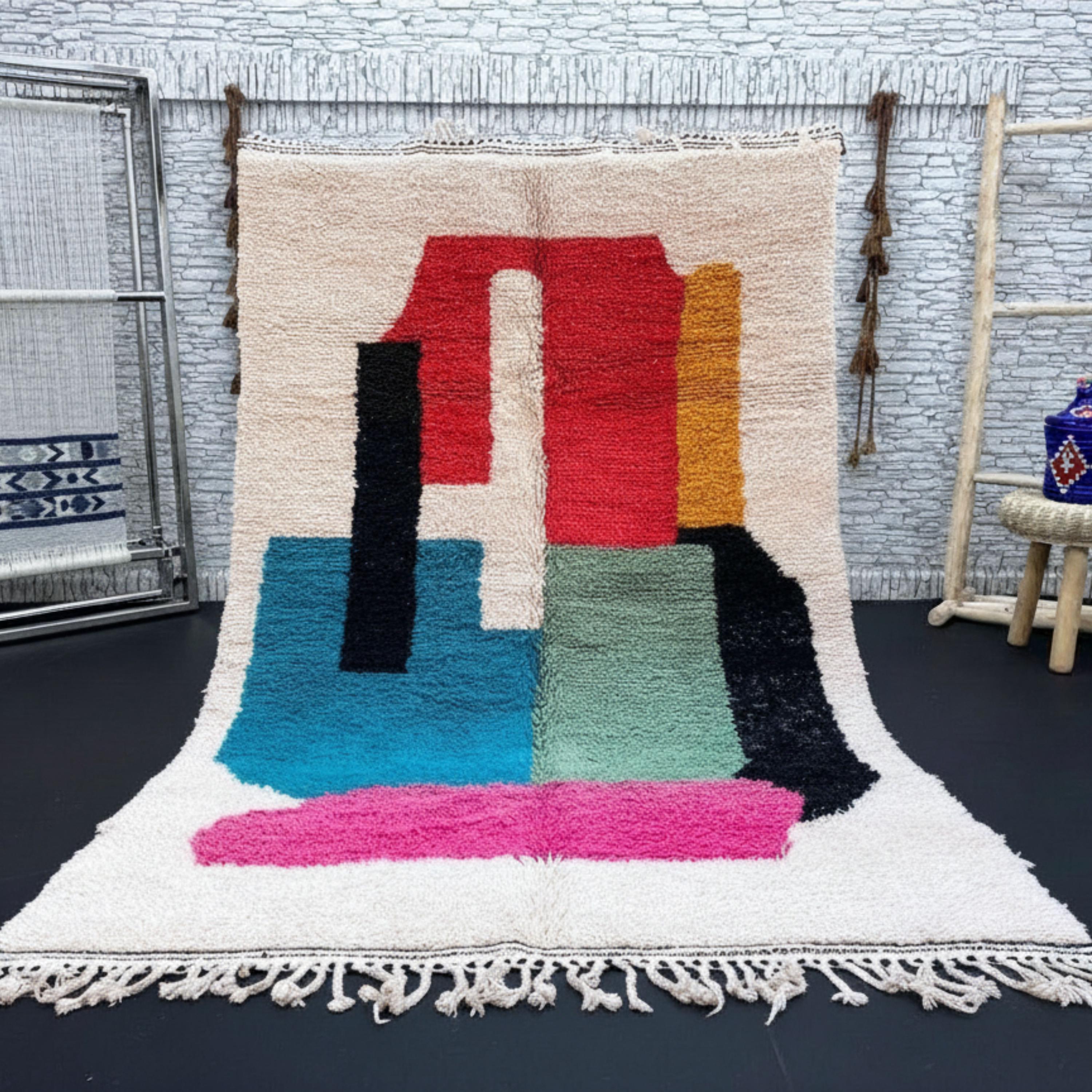 Abstract Moroccan Rug – Handmade Wool Beni Ourain Carpet – Modern Boho Area Rug – Colorful Geometric Moroccan Rug – Custom Wool Floor Decor