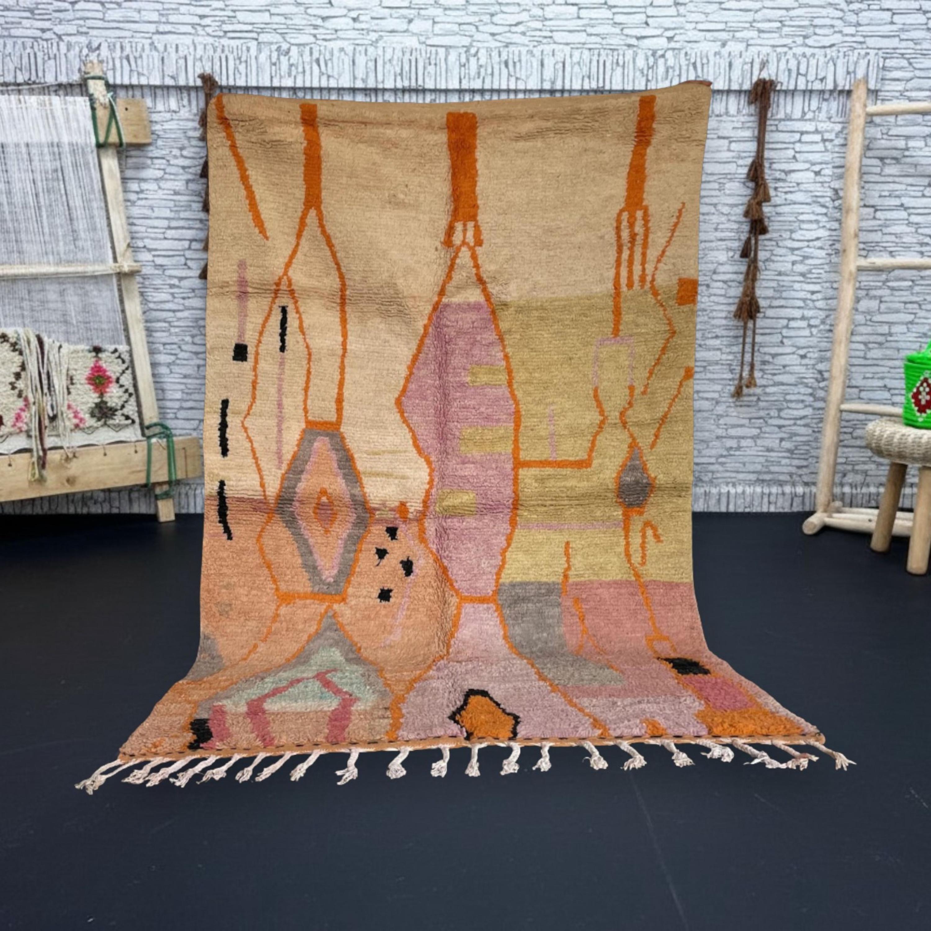 Abstract Moroccan Berber Rug – Handwoven Wool Area Carpet with Boho Geometric Design | Vintage Beni Ourain Style | Warm Earthy Tones