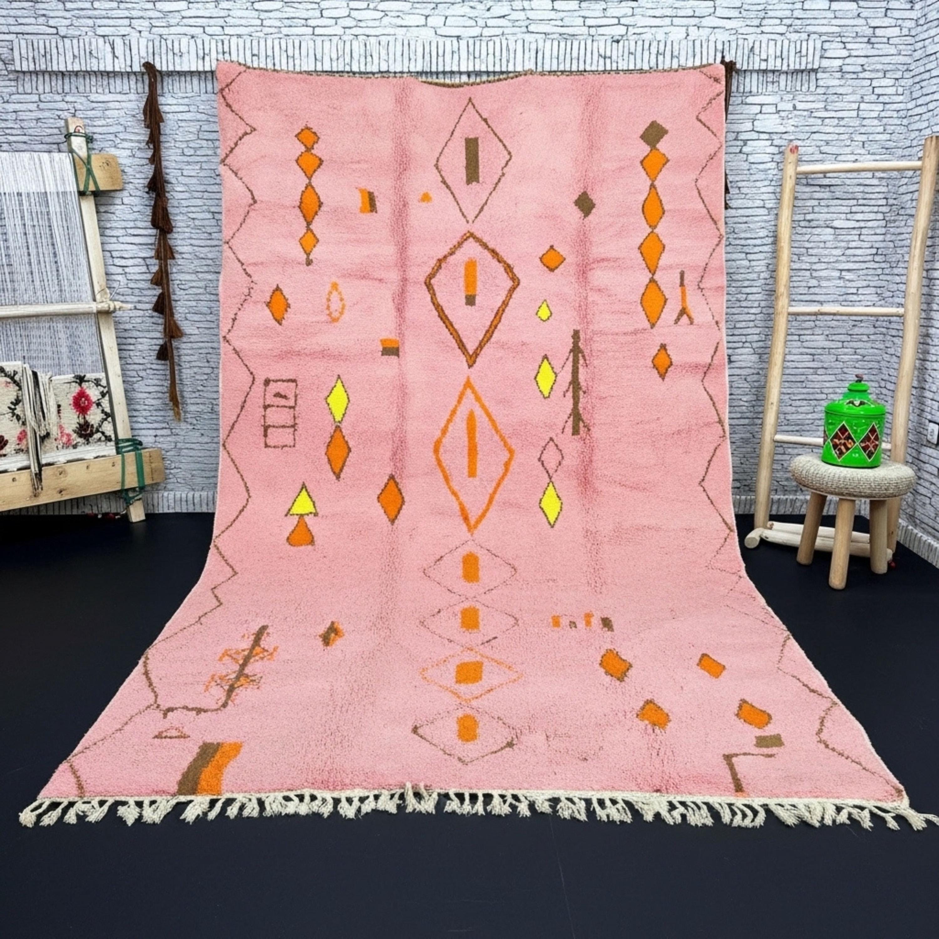 Handmade Pink Beni Ourain Wool Rug – Authentic Moroccan Berber Carpet – Custom Wool Area Rug for Living Room – Modern Boho Home Decor