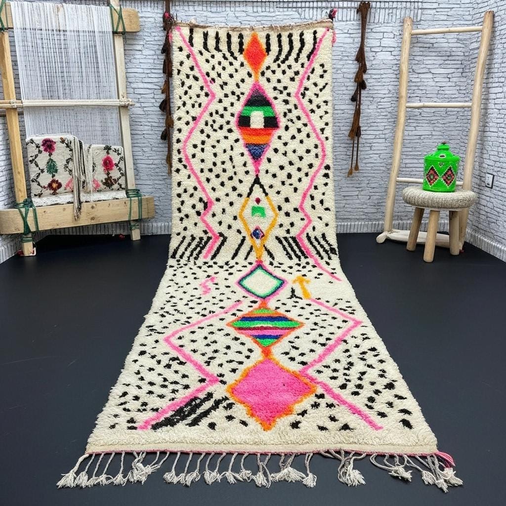 Colorful Moroccan Berber Rug, Handmade Wool Azilal Runner Rug with Boho Geometric Pattern, Vibrant Tribal Design Area Carpet