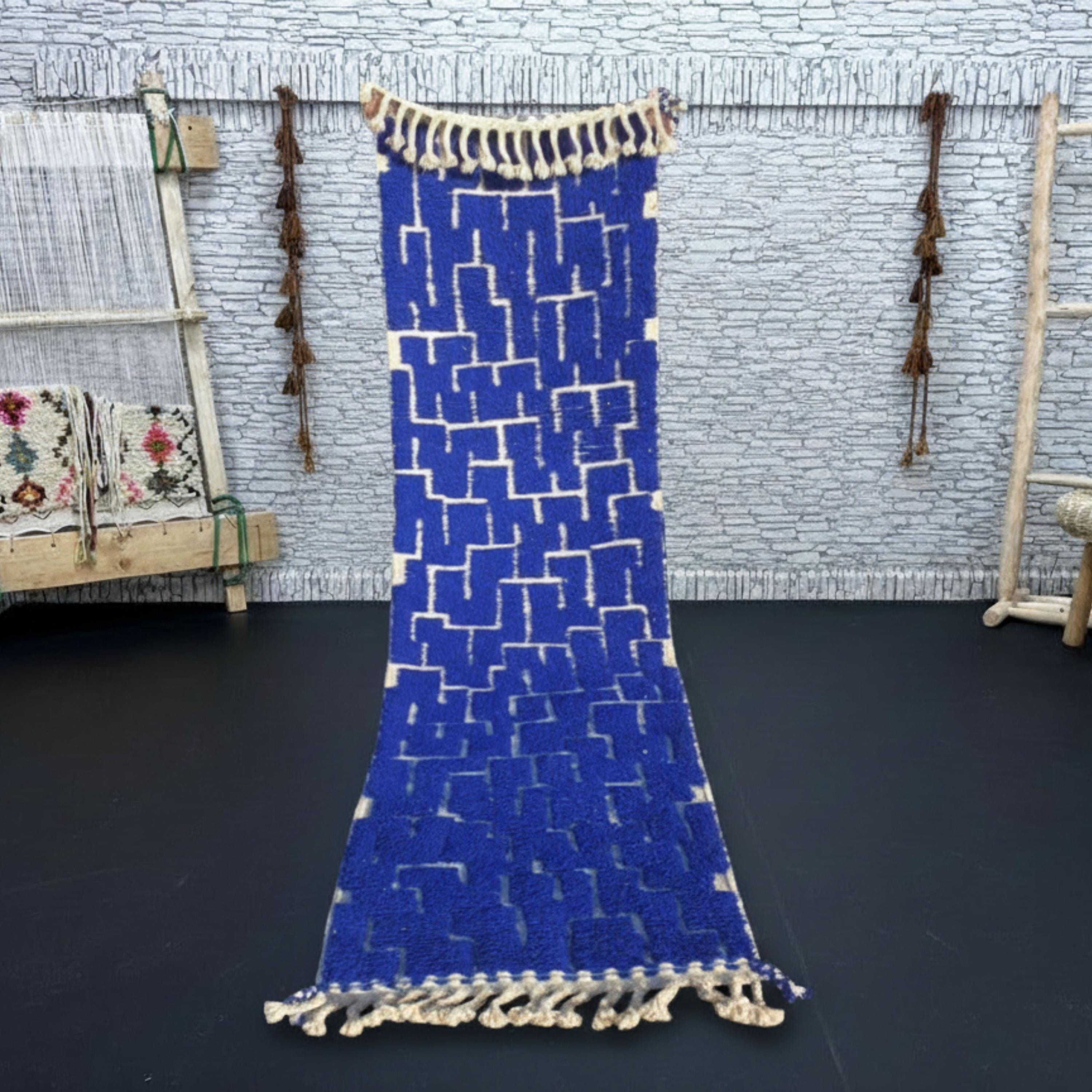 Handmade Blue Moroccan Runner Rug: Modern Geometric Wool Carpet