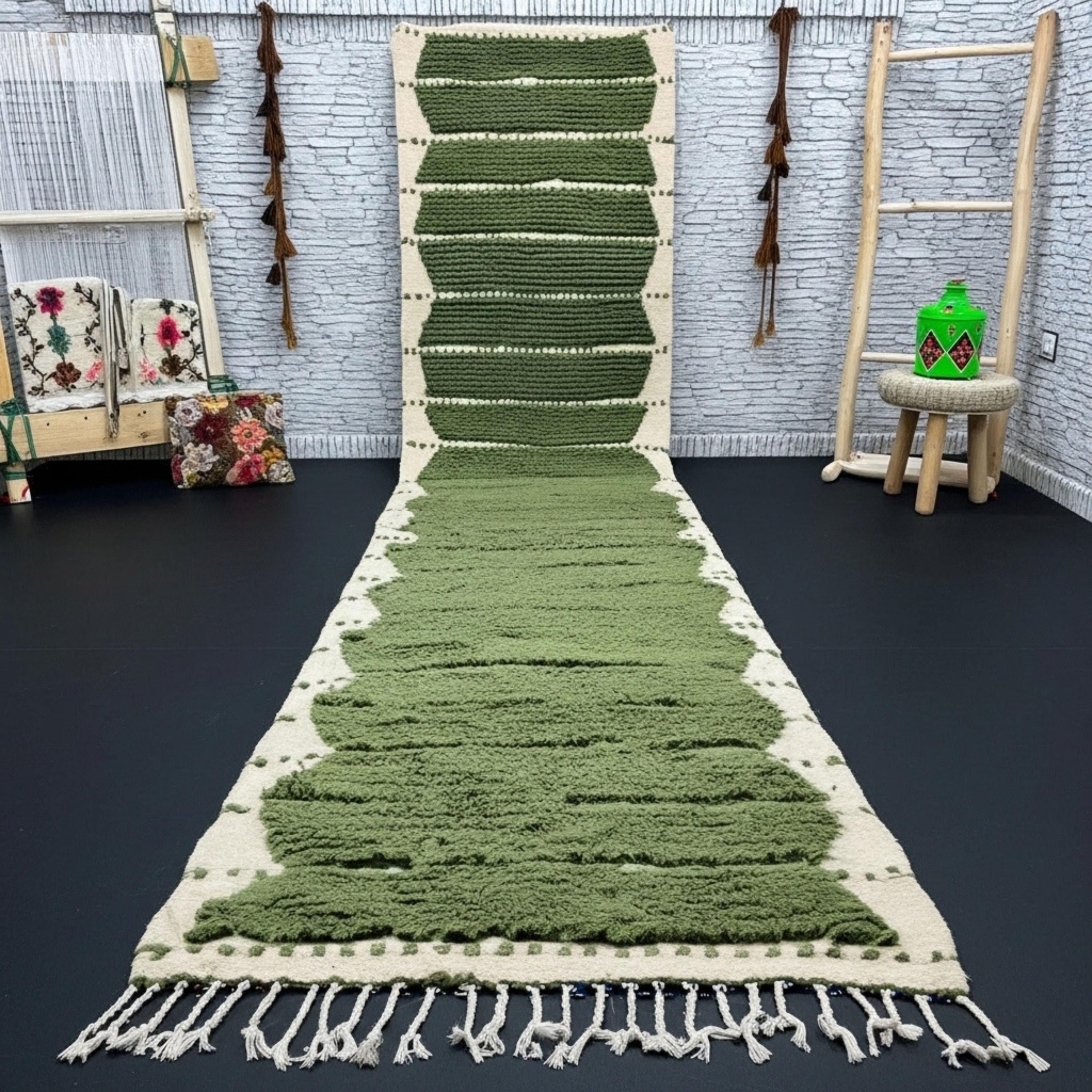 Green Moroccan Runner Beni Ourain Runner Rug, Green Custom Hallway Beige Rug Runner, Bespoke Long Runner Brown Berber Carpet