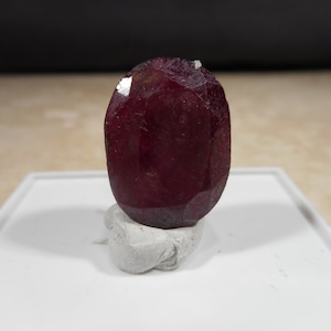 May include: A deep red, oval-shaped gemstone with a faceted cut. The gemstone is sitting on a small, white, clay-like stand.
