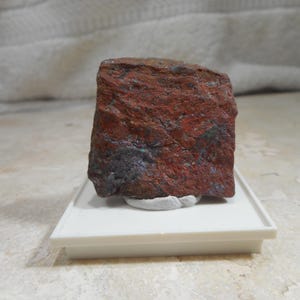 Puede incluir: Un espécimen de roca de color marrón rojizo con parches grises oscuros y negros. La roca se exhibe sobre un soporte rectangular blanco, mostrando su textura natural y variaciones de color. Es probable que sea una muestra mineral o geológica.