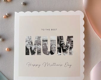 Tarjeta personalizada para el Día de la Madre con foto y borde festoneado.