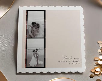 パーソナライズされたウェディングサンキューカード（封筒付き）｜スカラップエッジの5x5インチカード｜名前と日付をカスタマイズ可能｜エレガントなウェディングステーショナリーパック