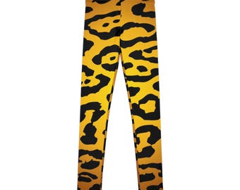 Leggings juveniles con estampado de jaguar amarillo / Estampado integral, pantalones elásticos en cuatro direcciones para niños