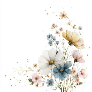 Könnte beinhalten: Ein Blumenarrangement mit weißen, staubblauen und zartrosa Kosmeenblüten mit dünnen grünen Stielen und feinem Blattwerk. Die Komposition wird durch verstreute goldene Farbspritzer auf einem schlichten weißen Hintergrund akzentuiert.