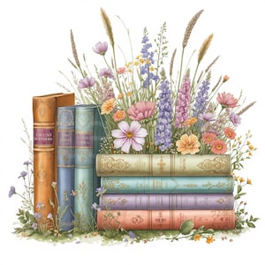 May include: A collection of vintage-style books arranged in a stack and upright, featuring gold-embossed spines in shades of tan, blue, purple, and peach, surrounded by a vibrant arrangement of wildflowers, including pink cosmos, purple lupines, and wheat.
