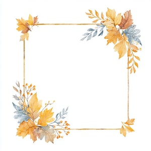 Könnte beinhalten: Ein quadratischer Rahmen mit dünnen goldenen Linien, verziert mit herbstlichem Laub in Aquarelloptik. Das Design zeigt Ansammlungen von gelben, orangen und braunen Ahornblättern, gemischt mit blaugrauen Blättern und kleinen orangen Beeren.