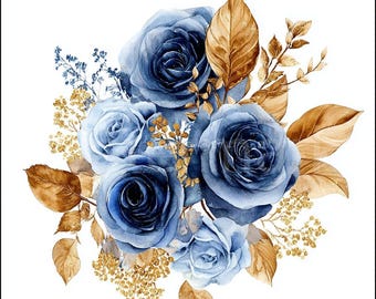 8 PNG Elegant Blue Roses Clipart, Roses Bouquet, Printable Watercolor clipart, Digital download, Paper craft, junk journal