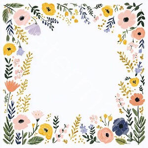 May include: A square floral design with a white center, framed by colorful flowers and foliage. The flowers include pink, yellow, and blue blooms, with green leaves and gold accents. The design is perfect for stationery or invitations.