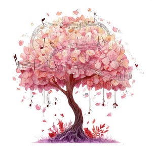 May include: Watercolor illustration of a tree with pink blossoms and musical notes. The tree trunk is brown, and the leaves are a mix of pink and peach. Musical notes float around the tree, creating a whimsical design.