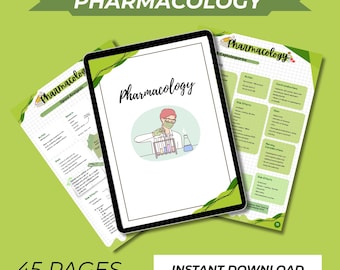 May include: A digital tablet displaying "Pharmacology" with an illustration of a scientist. Two printed pages with pharmacology notes are visible. The image has the text "45 PAGES" and "INSTANT DOWNLOAD" on a green background.