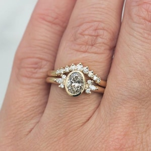 Oval Cut Moissanite Diamond Bridal Ring Set, Solid 9K Yellow Gold Bezel Setting Ring, With curved Half Halo Band for Bride