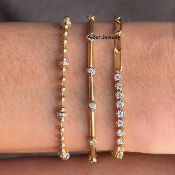 Bezel tennisarmband, stapelbare armband met moissanite diamanten, ronde diamant 9 karaats massief goud, unieke kralenarmband, jubileumcadeau voor haar