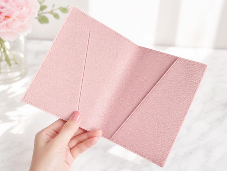 May include: A light pink passport holder featuring a textured finish and two diagonal interior pockets for document storage. The open cover is constructed from a durable material with clean stitched edges, providing a simple and functional design.