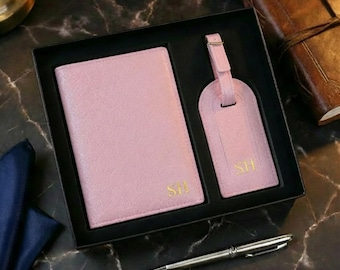 Customized genuine leather passport holder and luggage tag passport set, a personalized honeymoon essential, handcrafted travel accessories.