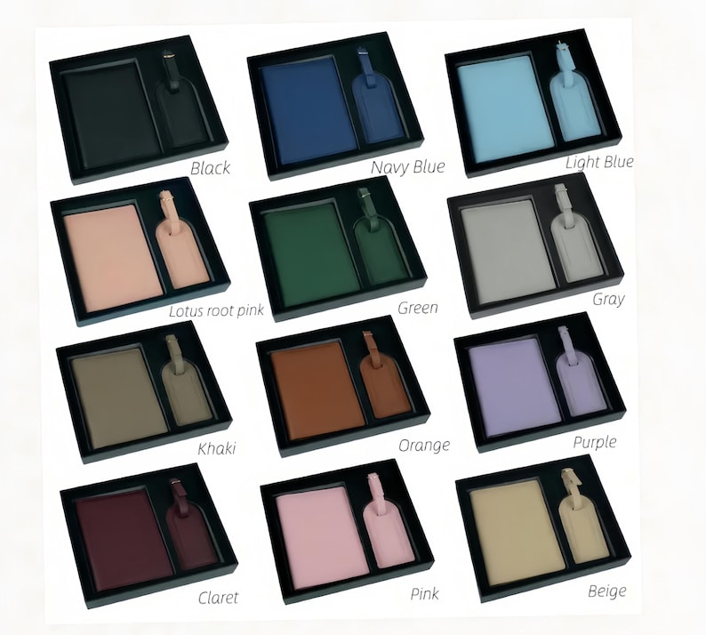 May include: A collection of twelve gift sets, each containing a rectangular passport holder and a matching luggage tag, presented in black boxes. The sets are available in black, navy blue, light blue, lotus root pink, green, gray, khaki, orange, purple, claret, pink, and beige.