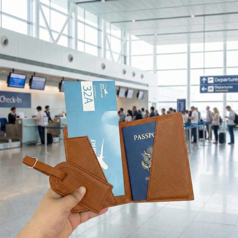 May include: A tan leather passport holder containing a blue passport and a light blue boarding pass with the text 32A, accompanied by a matching tan leather luggage tag with a gold buckle, all held against an airport terminal background.