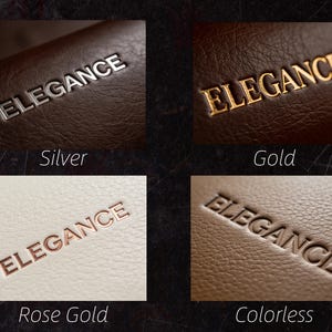 May include: Four textured surfaces featuring the word ELEGANCE embossed in different finishes. The top left shows silver lettering on dark brown, top right shows gold on brown, bottom left shows rose gold on cream, and bottom right shows colorless.