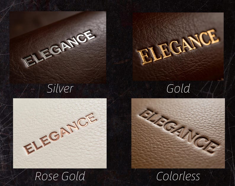 May include: Four textured surfaces featuring the word ELEGANCE embossed in different finishes. The top left shows silver lettering on dark brown, top right shows gold on brown, bottom left shows rose gold on cream, and bottom right shows colorless.