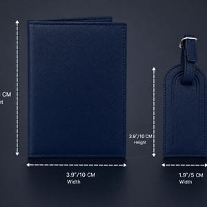 May include: A navy blue passport holder and a matching luggage tag with a textured finish. The passport holder measures 5.5 inches in height and 3.9 inches in width. The luggage tag measures 3.9 inches in height and 1.9 inches in width.