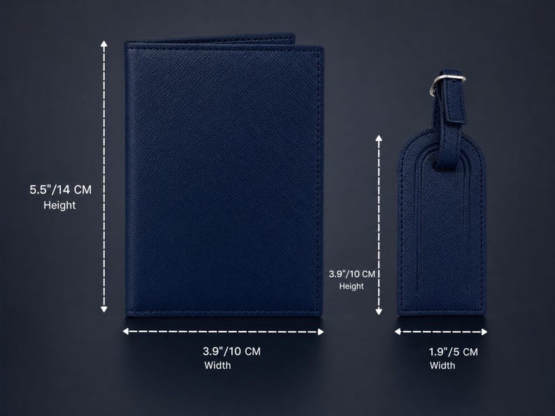 May include: A navy blue passport holder and a matching luggage tag with a textured finish. The passport holder measures 5.5 inches in height and 3.9 inches in width. The luggage tag measures 3.9 inches in height and 1.9 inches in width.
