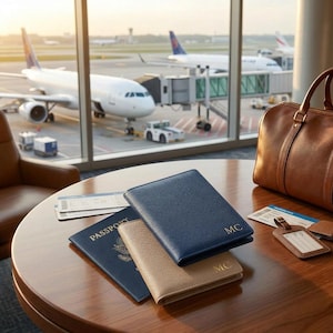 May include: Two textured passport holders in navy blue and tan, each featuring the gold embossed initials MC. They are placed on a wooden table alongside a dark blue passport, two airline boarding passes, a brown leather bag, and a luggage tag.