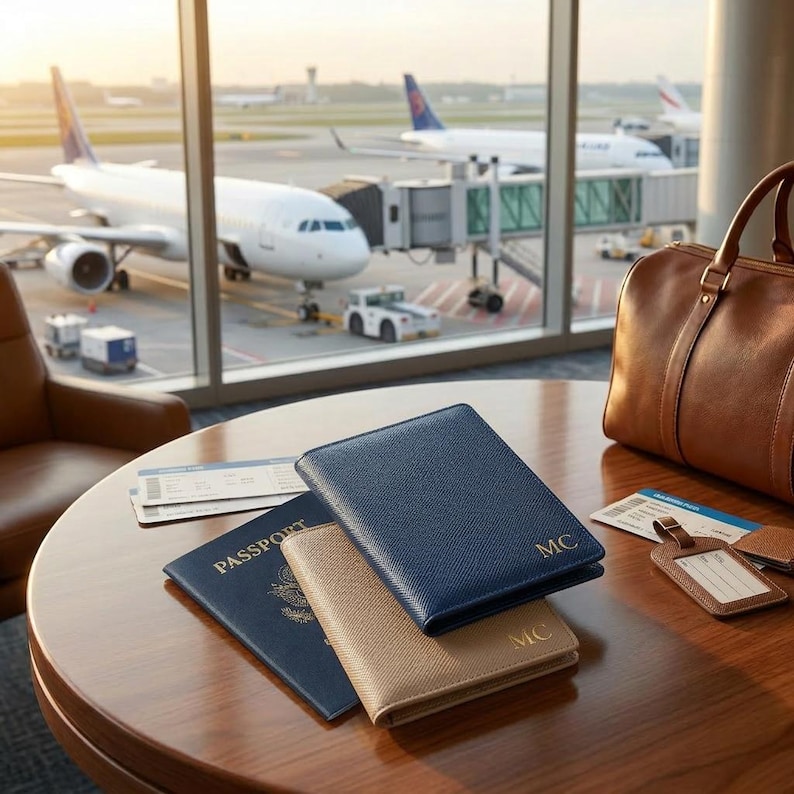 May include: Two textured passport holders in navy blue and tan, each featuring the gold embossed initials MC. They are placed on a wooden table alongside a dark blue passport, two airline boarding passes, a brown leather bag, and a luggage tag.