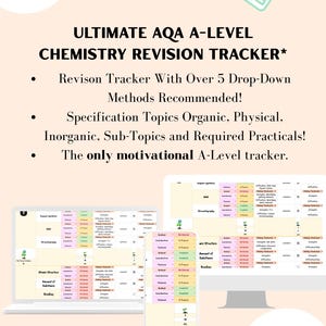 May include: A digital A-Level Chemistry revision tracker template, shown on a laptop, desktop, and phone. The text includes "ULTIMATE AQA A-LEVEL CHEMISTRY REVISION TRACKER" and "Used by A* students!"