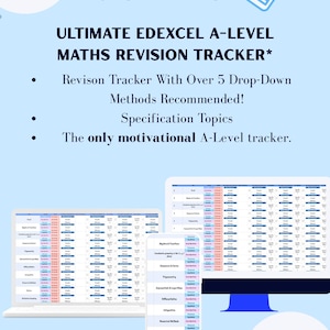 Op de afbeelding: Een digitale revisietracker voor A-Level Wiskunde, weergegeven op een laptop, tablet en telefoon. De blauw-witte spreadsheet sjabloon bevat dropdown methoden en specificatie onderwerpen. Tekst: "Used by A* students!" en "With Viral Growing Flowers!"