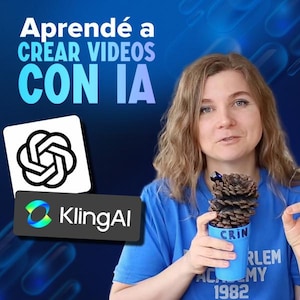 May include: A woman in a blue t-shirt holds a blue cup with a pinecone. The image includes text that says "Aprende a CREAR VIDEOS CON IA" and logos for OpenAI and KlingAI. The cup has text that says "CRIN" and "HARLEM ACADEMY 1982".