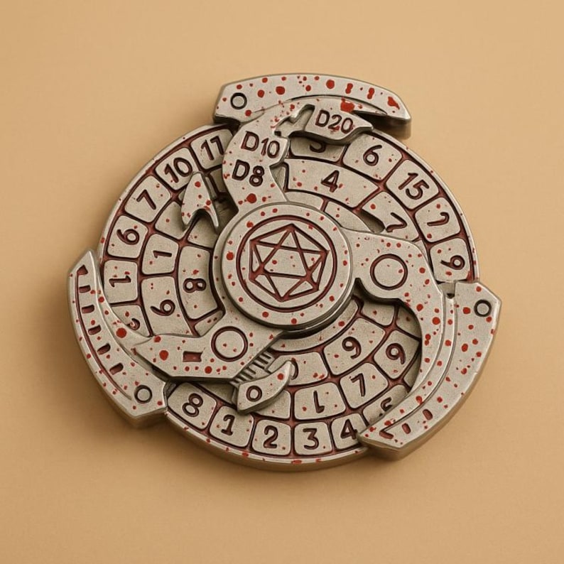 May include: A silver-colored, three-part fidget spinner with red accents and numbers. The spinner features dice symbols and numbers from 1 to 20, with D8, D10, and D20 markings. The design includes a central geometric shape.