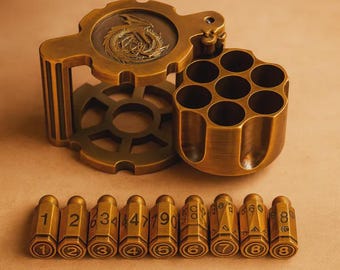 D&D Gunslinger Metal Dice Set with Revolver Spinner, Bullet-Shaped Heavy RPG Dice for TTRPG, Fidget Dice Gift for DM and Players