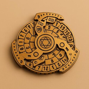 May include: A gold-colored, three-part mechanical puzzle with rotating sections. Each section features numbers and symbols, including a central Star of David. The puzzle has a complex, intricate design with a vintage aesthetic.