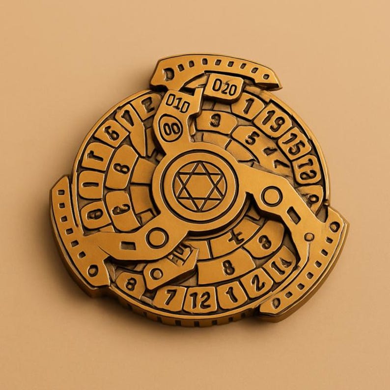 May include: A gold-colored, three-part mechanical puzzle with rotating sections. Each section features numbers and symbols, including a central Star of David. The puzzle has a complex, intricate design with a vintage aesthetic.