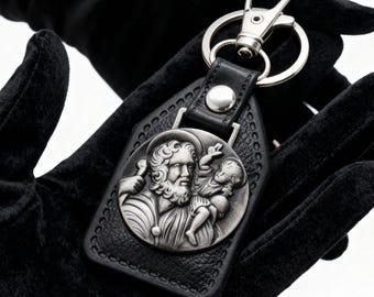 St. Christopher Leather Keychain: Religious Car Keyring, Catholic Gift