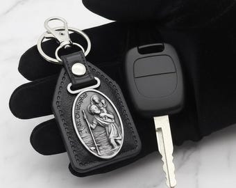 St Christopher Keychain: Leather Catholic Cross Car Keyring - Christian Gift