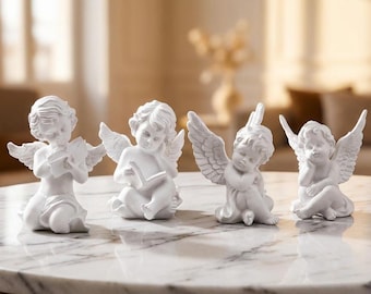 Hand Carved Angel Figurines - White Cherub Statue, Spiritual Home Decor