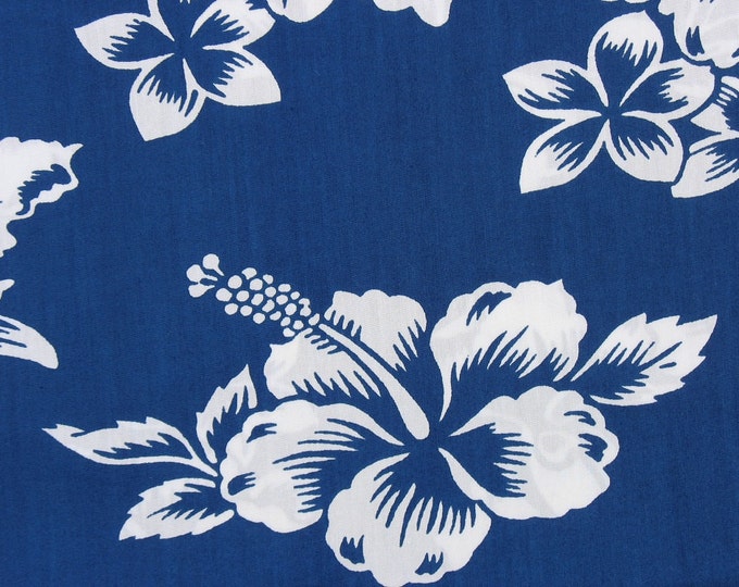 Dark Blue and White Cotton Quilt Fabric Tiki Hibiscus White Etsy