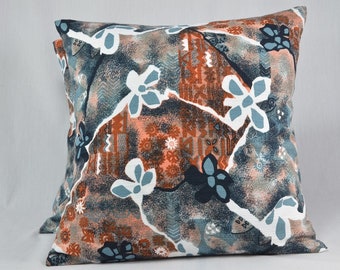 Retro Pillow Cover, Hawaiian Barkcloth Pillow, Blue Rust Pillow, Cushion Cover, Vintage Pillow, Throw Pillow, Home Decor - 16" - PC66