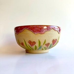 Può includere: Una ciotola in ceramica con esterno beige e bordo rosso smaltato. La ciotola presenta un motivo floreale con fiori rossi a forma di cuore e foglie verdi. La ciotola ha un diametro di circa 13 cm.