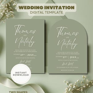 May include: Digital wedding invitation template in two shapes: arch and rectangular. The design features the names "Thomas and Nataly" in elegant script, with event details. The color palette is a soft green with white text.