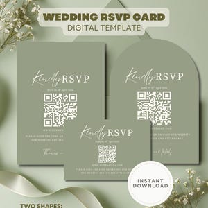 May include: Sage green wedding RSVP card digital template with "Kindly RSVP" text, QR codes, and website details. Includes arch and rectangular shapes. Features "Instant Download" text.