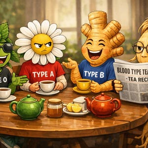Könnte beinhalten: Illustration von vier anthropomorphen Teezutaten an einem Tisch. Eine Minzblattfigur, eine Gänseblümchen, eine Ingwerwurzel und eine Ginsengwurzel sitzen an einem Tisch mit Teetassen, Teekannen und einer Zeitung mit dem Titel "Blood Type Tea Guide - Tea Recipe."