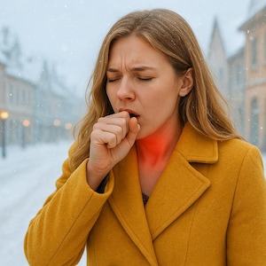 Puede incluir: Una mujer con un abrigo amarillo mostaza tose al aire libre en un entorno nevado. Su cuello está resaltado en rojo, lo que sugiere dolor de garganta. El fondo muestra una calle y edificios cubiertos de nieve.