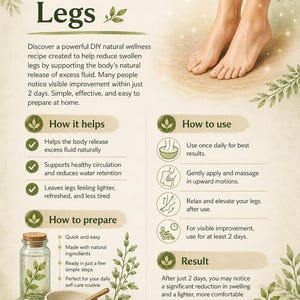 Può includere: Guida illustrata intitolata "Soluzione naturale per gambe gonfie" con testo e immagini. La guida include informazioni su come ridurre il gonfiore, con una tazza di tè e un paio di gambe sullo sfondo.
