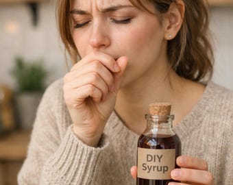 May include: A person holding a small glass bottle of DIY syrup with a cork stopper. The bottle has a brown label with the words "DIY Syrup" printed on it. The person is wearing a beige sweater.