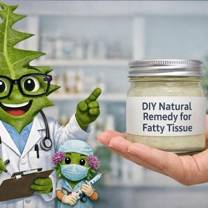 Puede incluir: Imagen de un personaje de dibujos animados con forma de planta verde con gafas y bata de médico, señalando un tarro. El tarro tiene una etiqueta que dice "DIY Natural Remedy for Fatty Tissue".